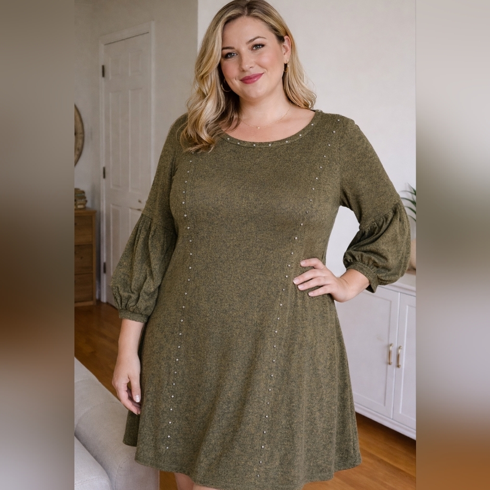 Spense Woman 3X Olive Studded Knit Dress Balloon Sleeve A-Line Chic Flowy Plus